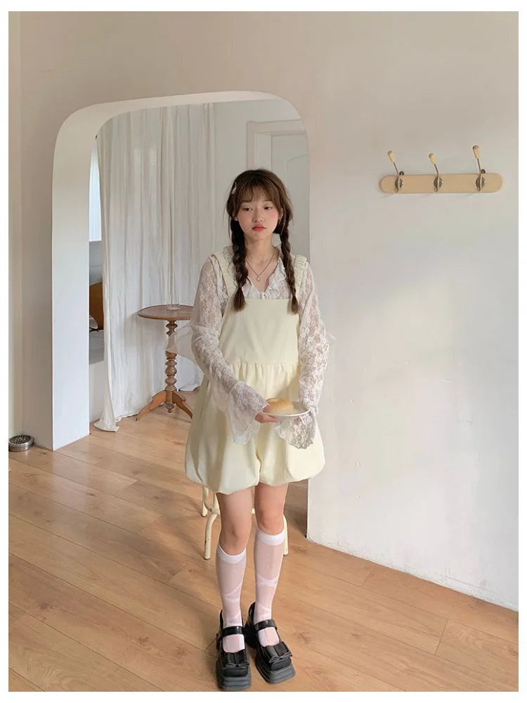 Kawaii Overalls Japanese Style Shorts Soft Girl Wide Leg Pant