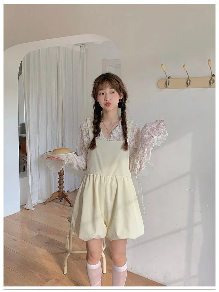 Kawaii Overalls Japanese Style Shorts Soft Girl Wide Leg Pant