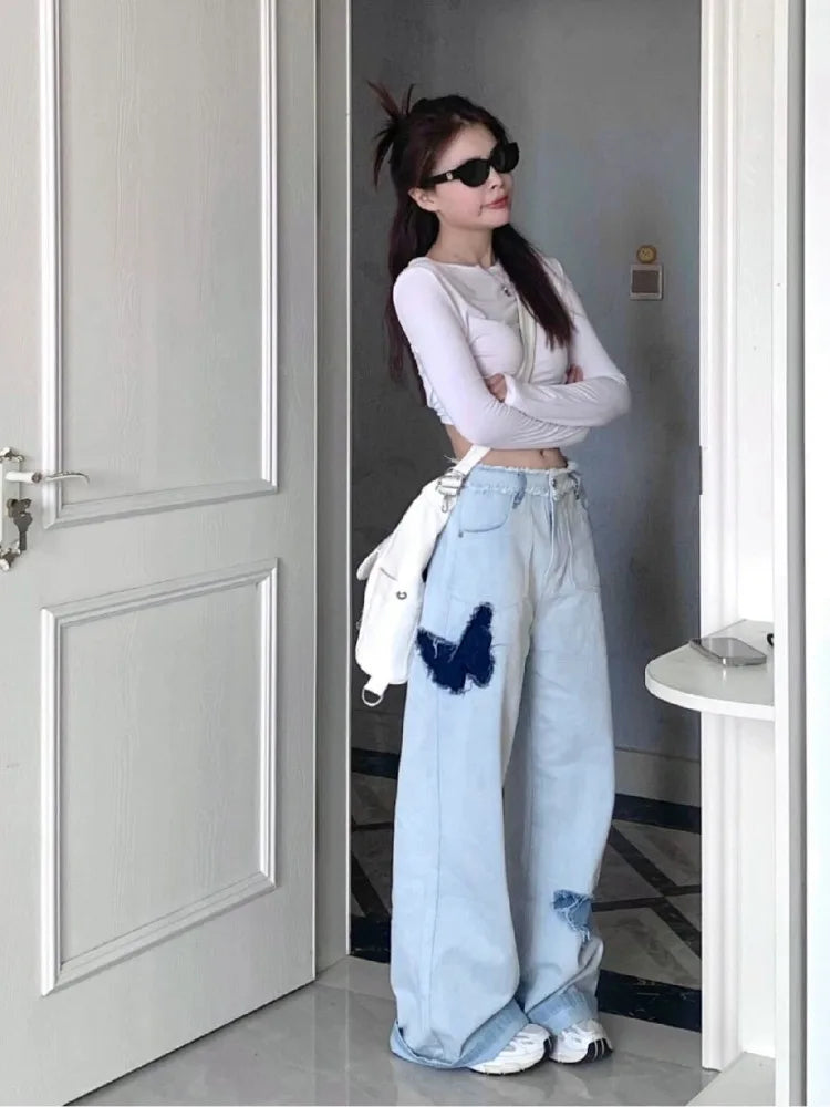 Blue Baggy Y2k Hippie Graphic Denim Oversize Patchwork Pant