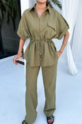 Half Sleeve Drawstring Shirt Long Pants Two-piece Set