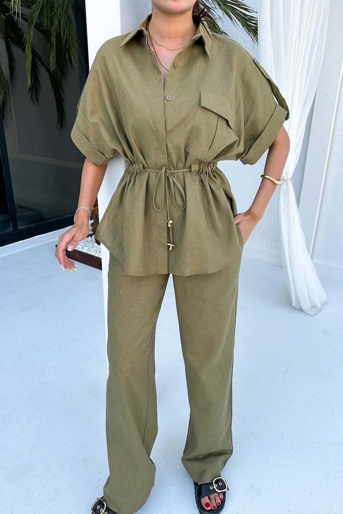 Half Sleeve Drawstring Shirt Long Pants Two-piece Set