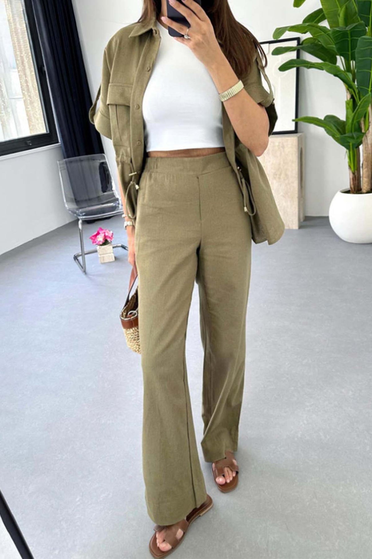 Half Sleeve Drawstring Shirt Long Pants Two-piece Set