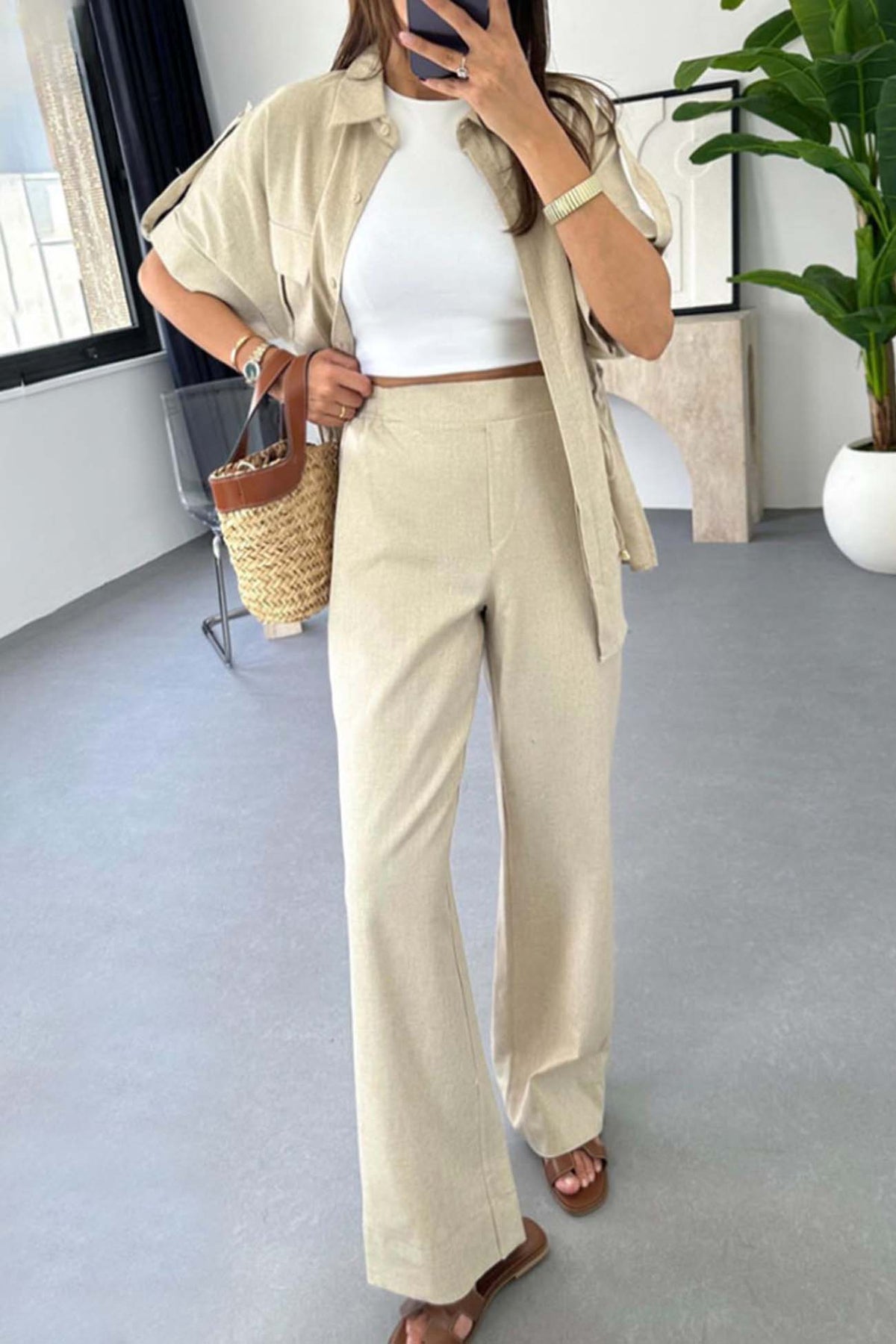 Half Sleeve Drawstring Shirt Long Pants Two-piece Set