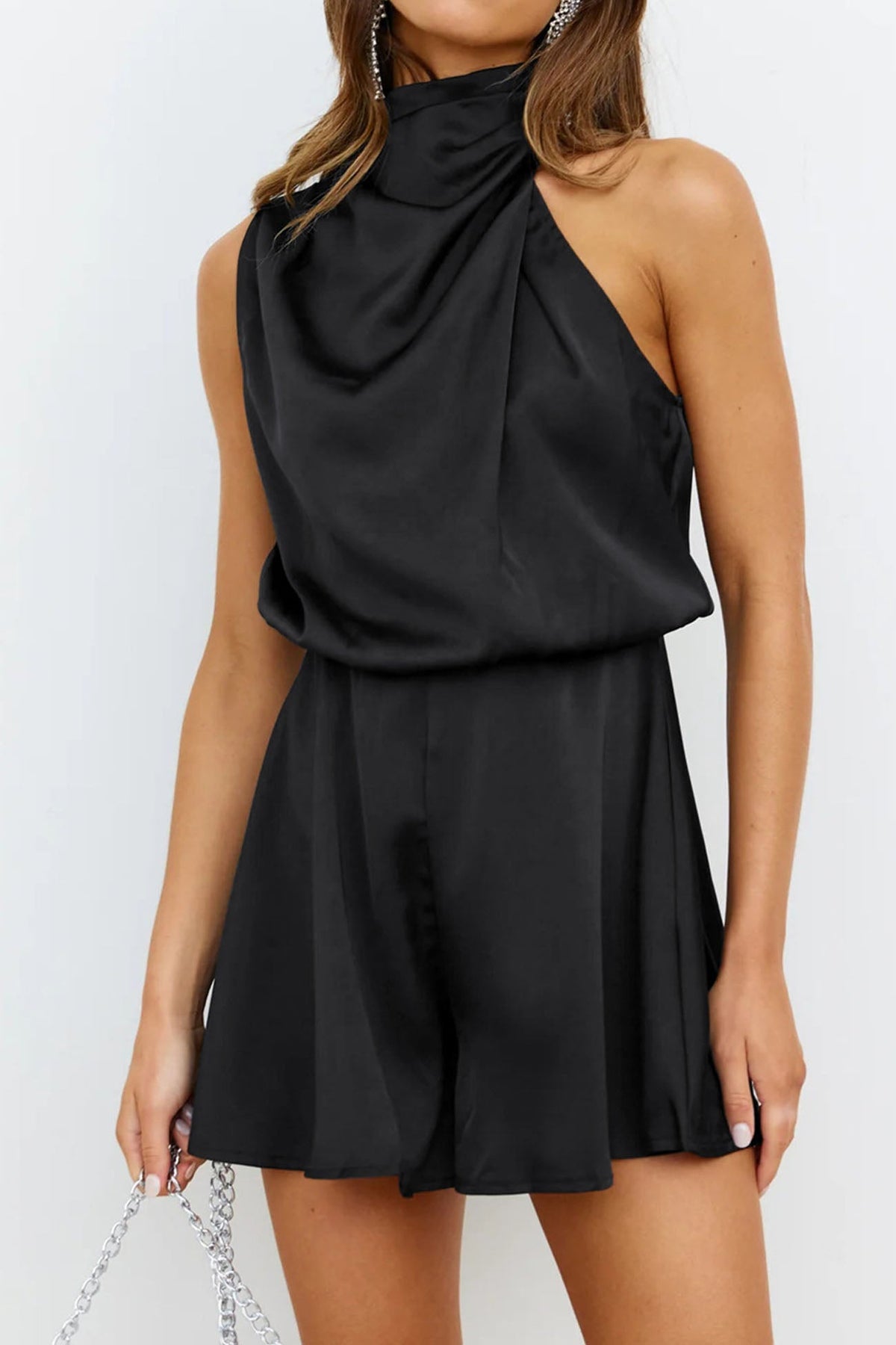 Halter Asymmetrical Satin Sleeveless Rompers