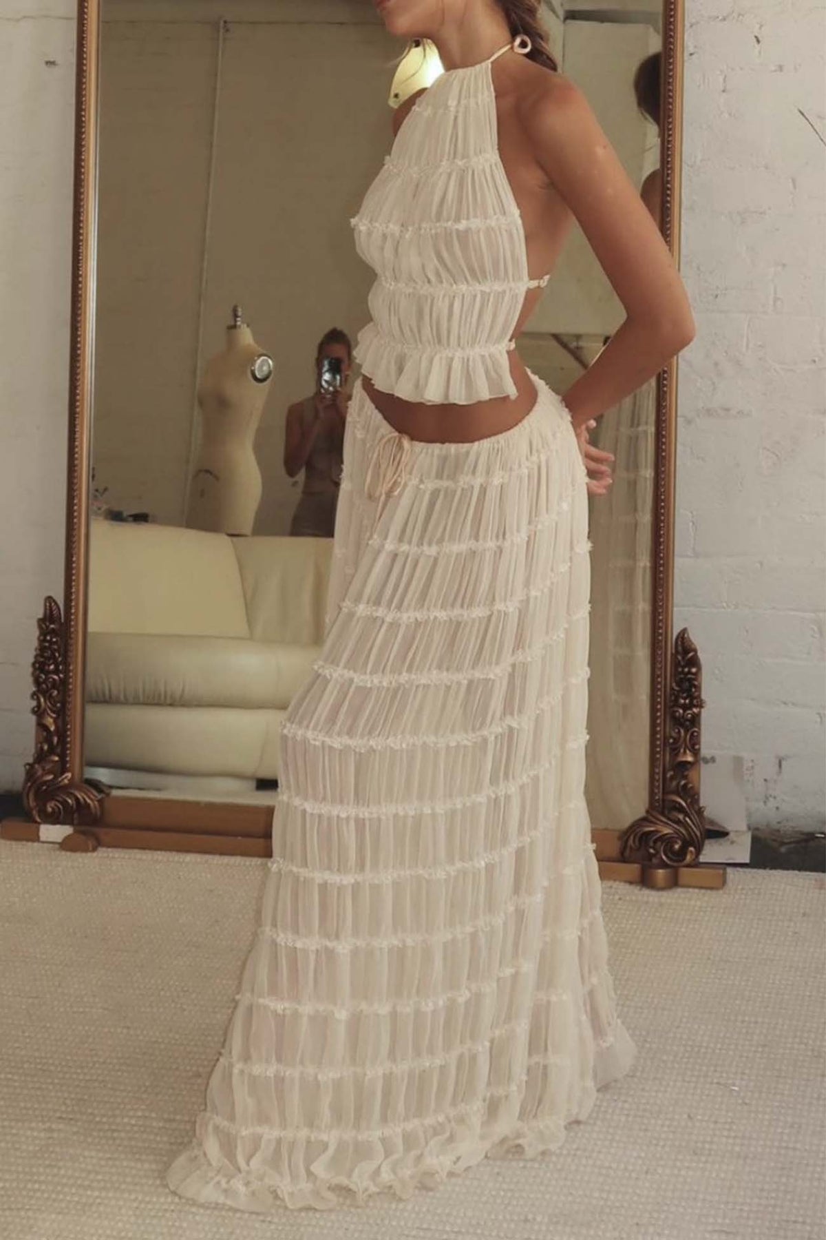 Halterneck Backless Pleated Tiered Skirt Two-piece Set