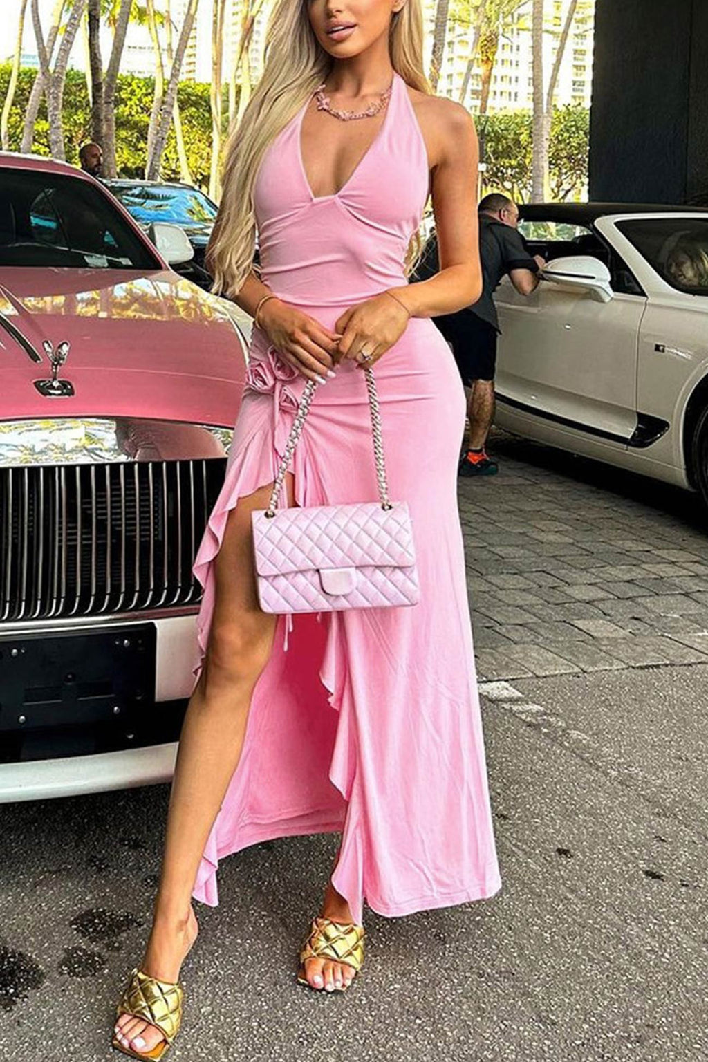 Halterneck Ruffle Hem Midi Dress