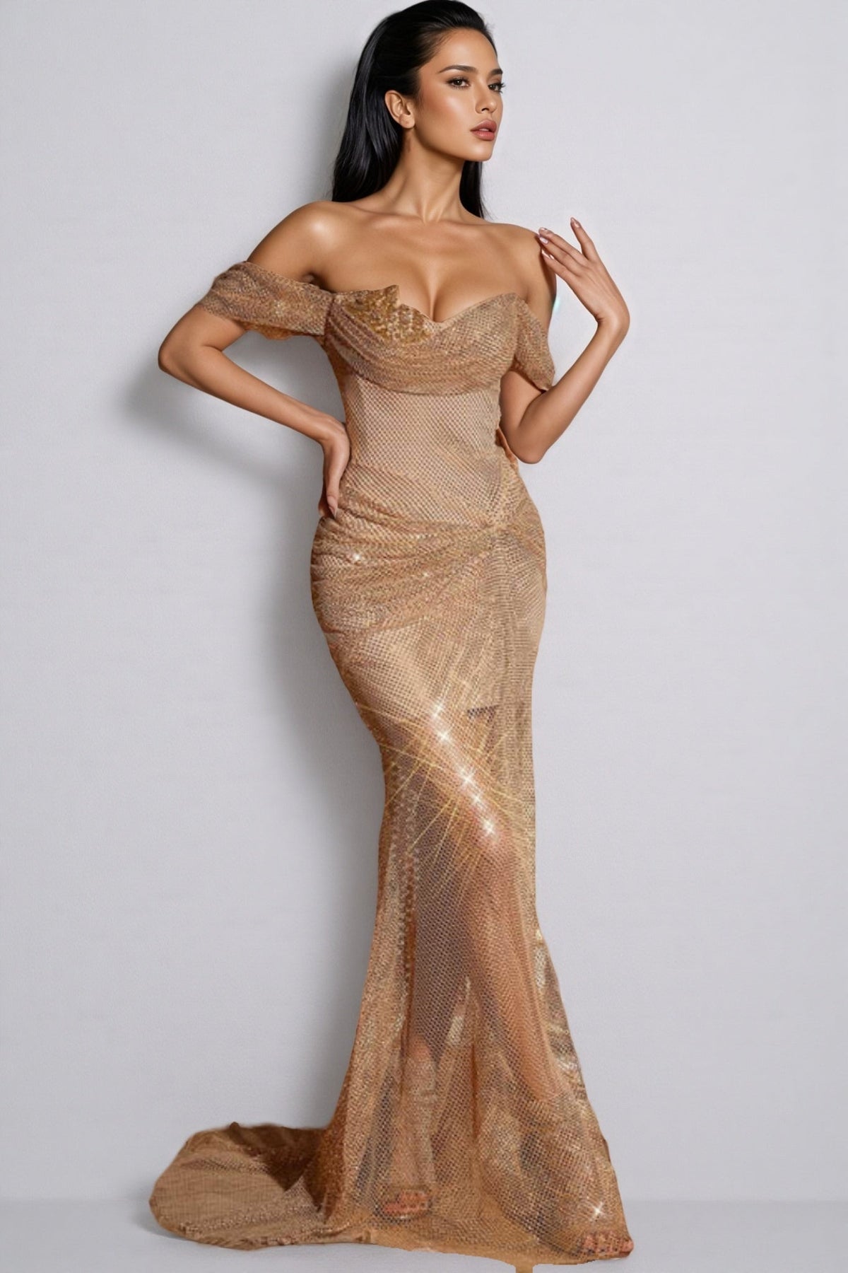 Lina Off Shoulder Diamond Mesh Maxi Dress