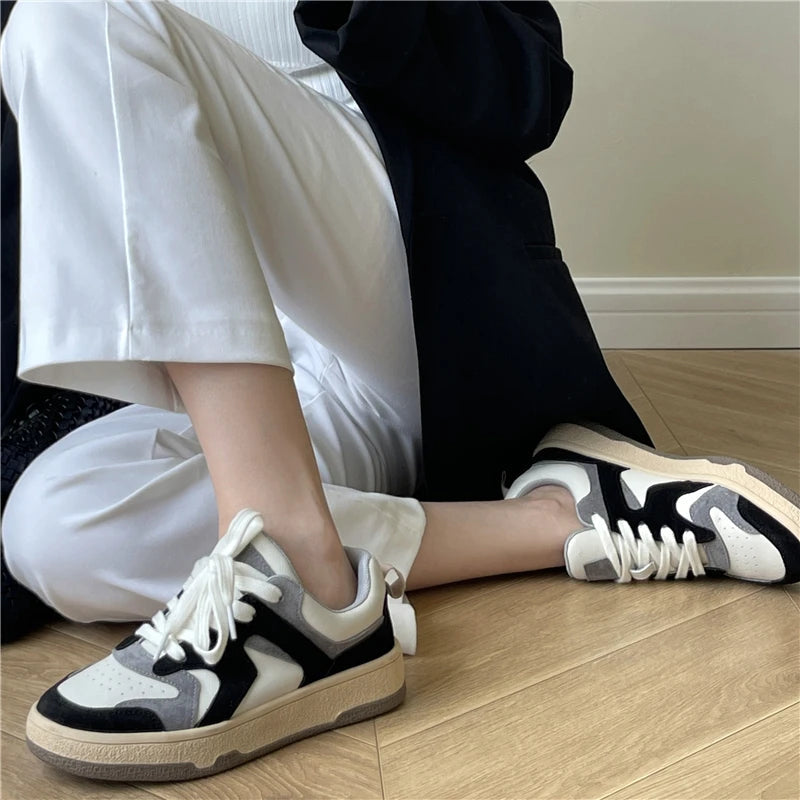 Mixed Colors Cow Suede Leather Sneakers Outdoor Flats Laceup Comfortable Shoes Woman Four Season New