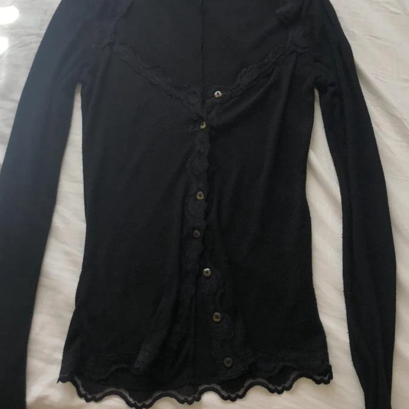 Y2k Lace Trim Black T-shirt Button Low Cut Long Sleeve Slim Fit Crop Top Lady Fairycore Grunge Retro Tees