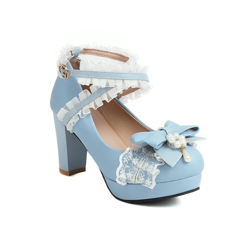 Woman Lolita Style Ankle Strap Shoes Platform Block High Heels Pumps Round Toe Bow Buckle Lady Footwear Spring 46 Blue