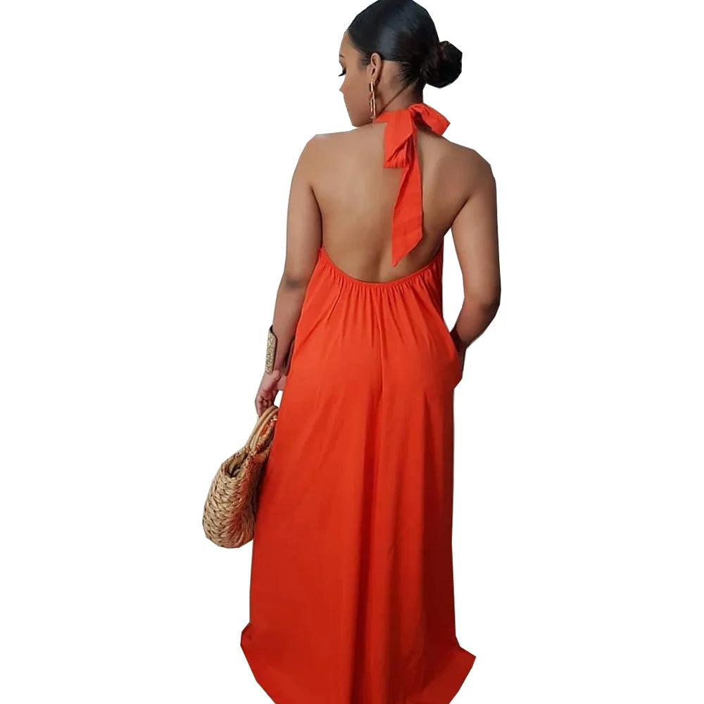 Long Dress Sleeveless Halter Neck Beach Evening Party Dress Maxi Long Dress