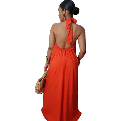 Long Dress Sleeveless Halter Neck Beach Evening Party Dress Maxi Long Dress