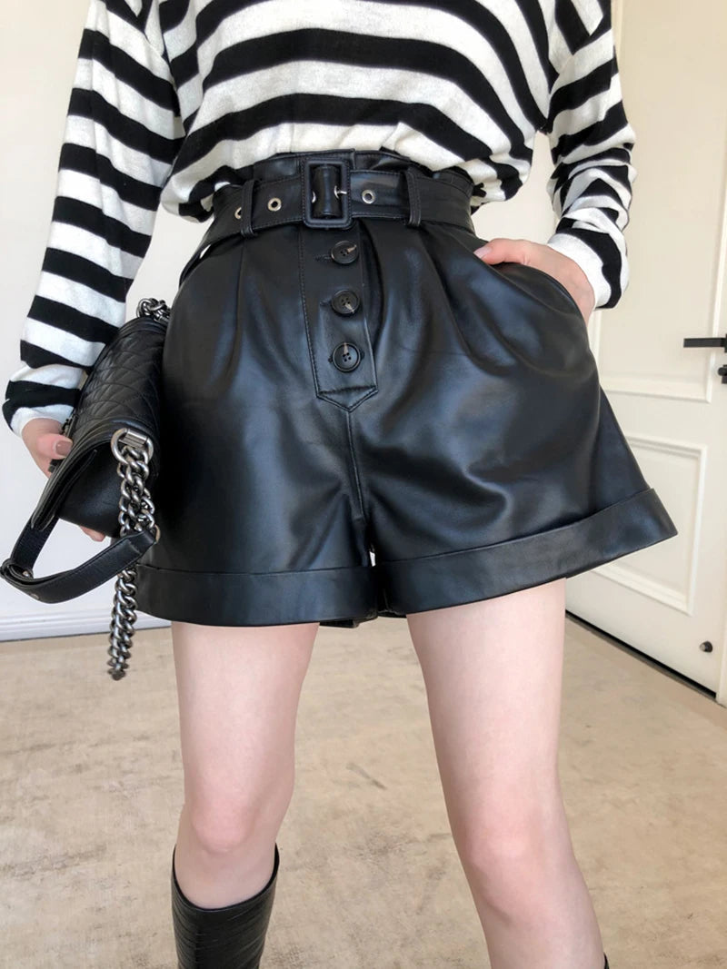 Spring and Autumn New Cotton Sheepskin High Waist Slim Belt Ruffled Genuine Leather Wide Leg Pants Outside Wearing Shorts