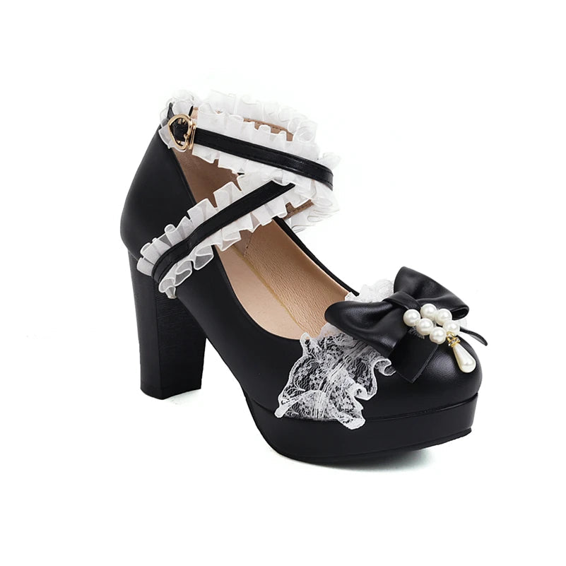 Woman Lolita Style Ankle Strap Shoes Platform Block High Heels Pumps Round Toe Bow Buckle Lady Footwear Spring 46 Blue