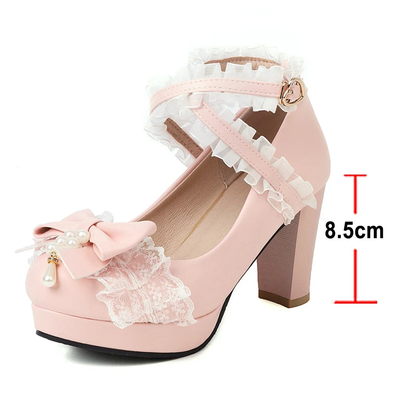 Woman Lolita Style Ankle Strap Shoes Platform Block High Heels Pumps Round Toe Bow Buckle Lady Footwear Spring 46 Blue