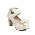 Woman Lolita Style Ankle Strap Shoes Platform Block High Heels Pumps Round Toe Bow Buckle Lady Footwear Spring 46 Blue