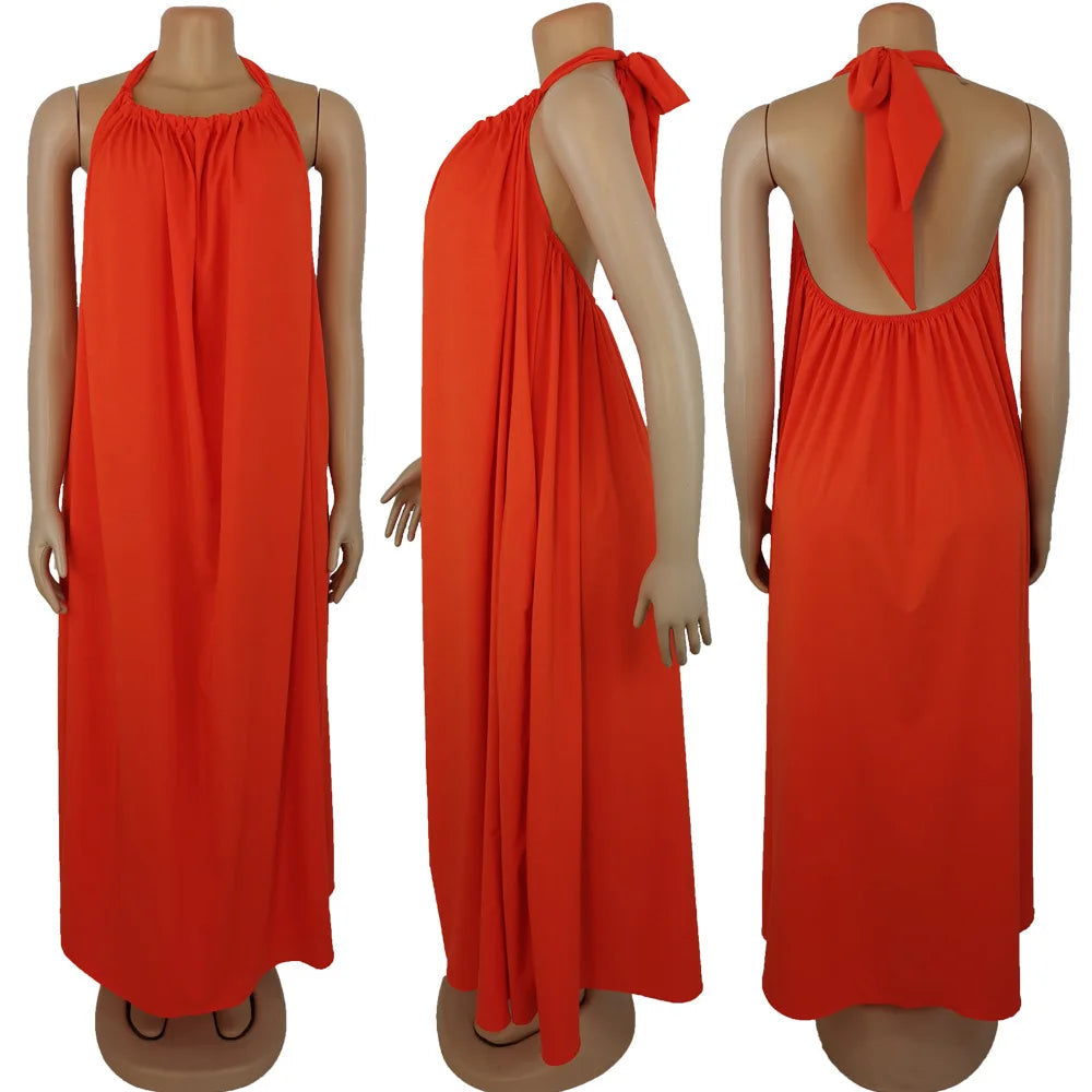 Long Dress Sleeveless Halter Neck Beach Evening Party Dress Maxi Long Dress