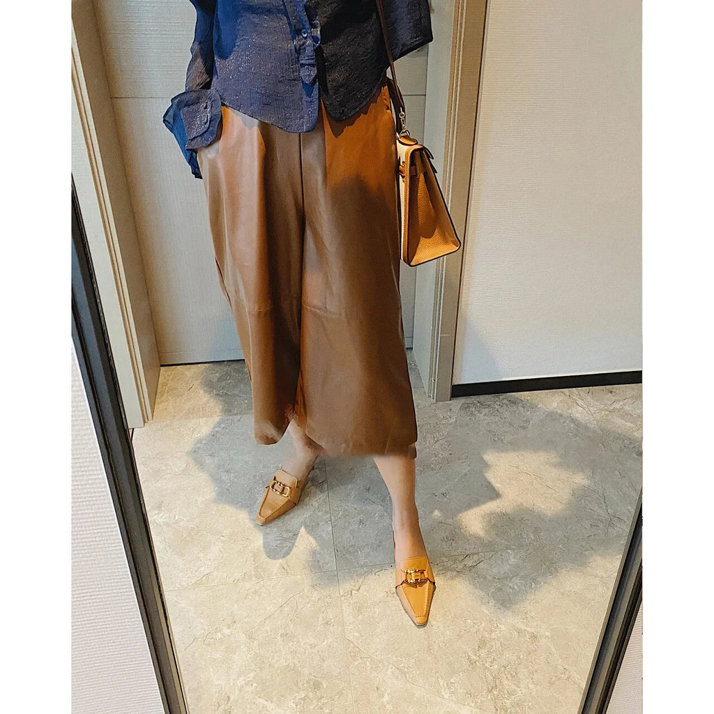 Leather Wide Leg Pants Spring and Autumn New Sheepskin Loose Versatile Foot Pants Seven Drape Pants