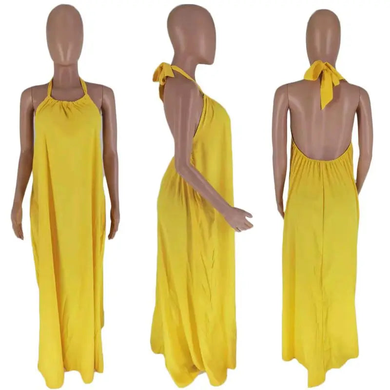 Long Dress Sleeveless Halter Neck Beach Evening Party Dress Maxi Long Dress