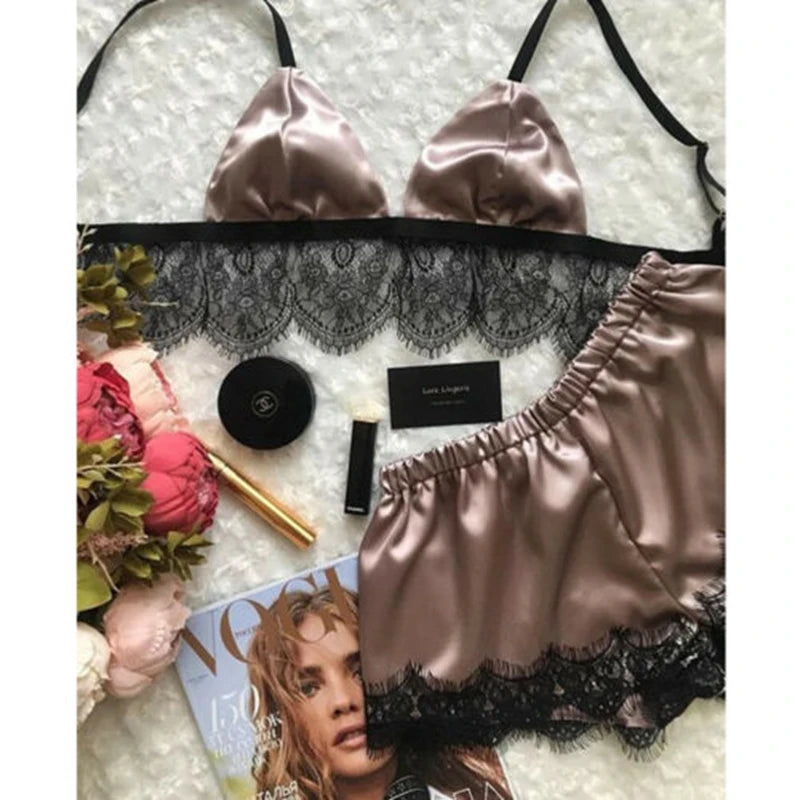 Pajamas Sleepwear Lace Bra Silk Satin Lingerie Crop Tops Bra+shorts Sets V-neck Sleeveless Seamless Nightwear 2pcs