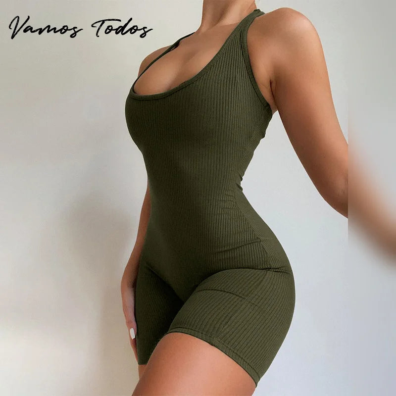 Vamos Todos Summer Basic Jumpsuit for Crop Top Skinny Shorts Bodycon Bodysuit Sports Ropa De Mujer