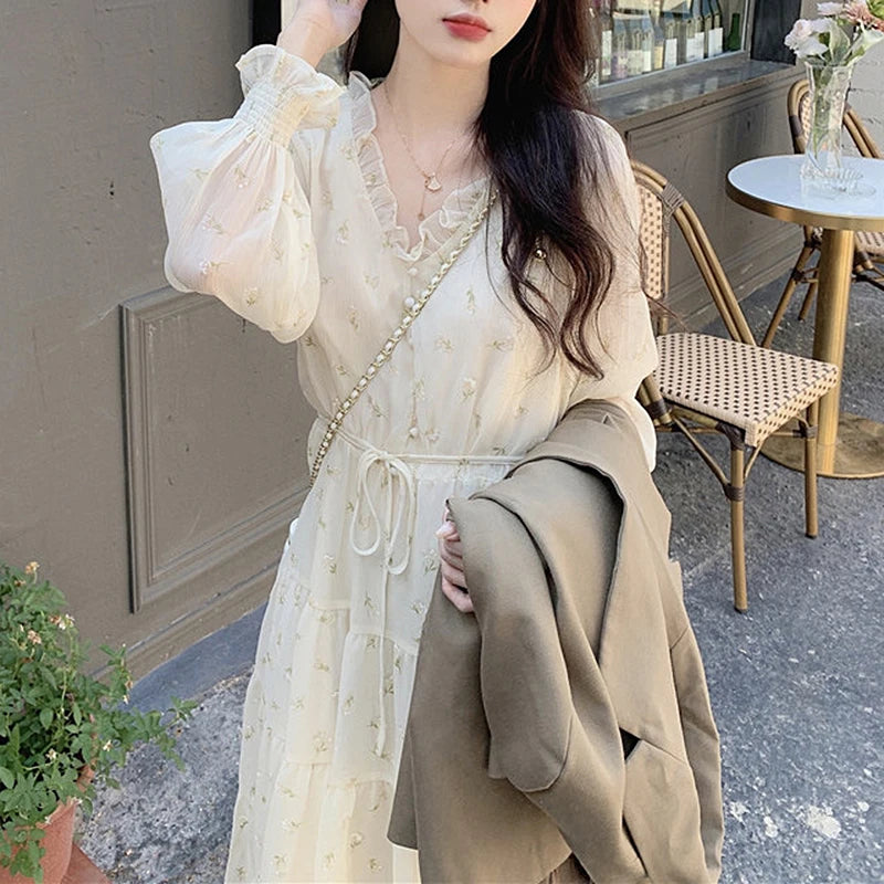 Lace Dress Chiffon Gentle Korean French Vneck Retro Niche Dresses Temperamen Spring Autumn Midi Dress