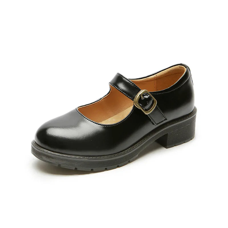 New Small Leather Shoes Round Toe Highheeled Retro Leather British College Style Shoes Mary Jane Shoes