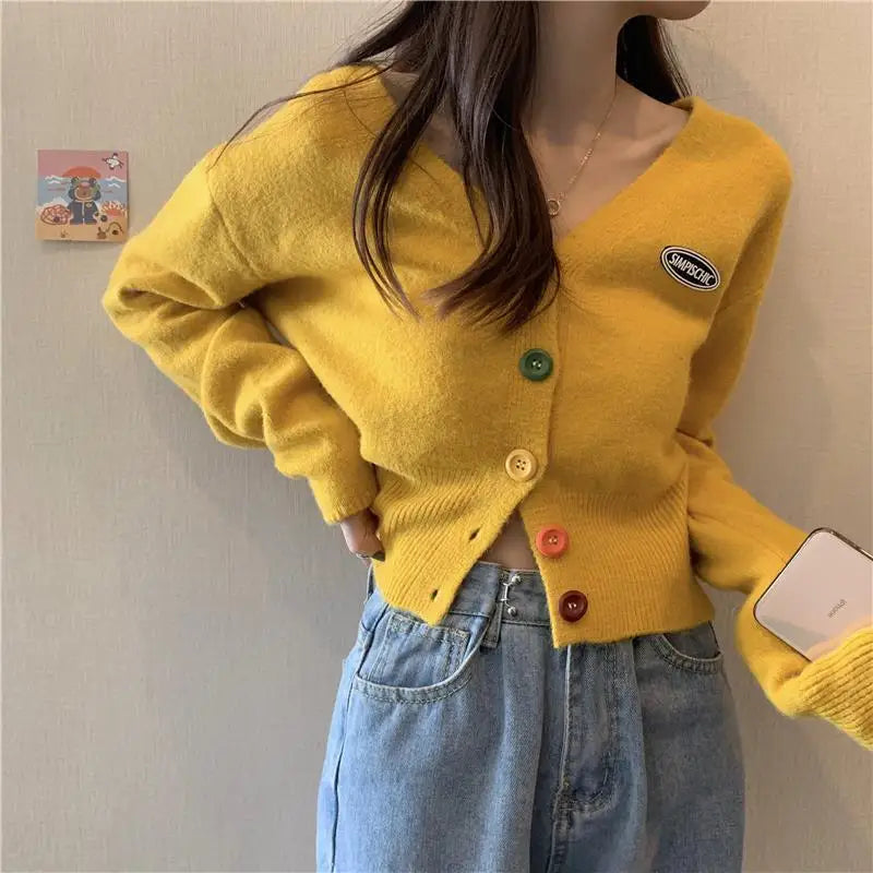 Knit Korean Crop Sweaters Cardigan for Oversize Long Sleeve Top Knitwear Autumn Short Outerwear Clothes V Neck