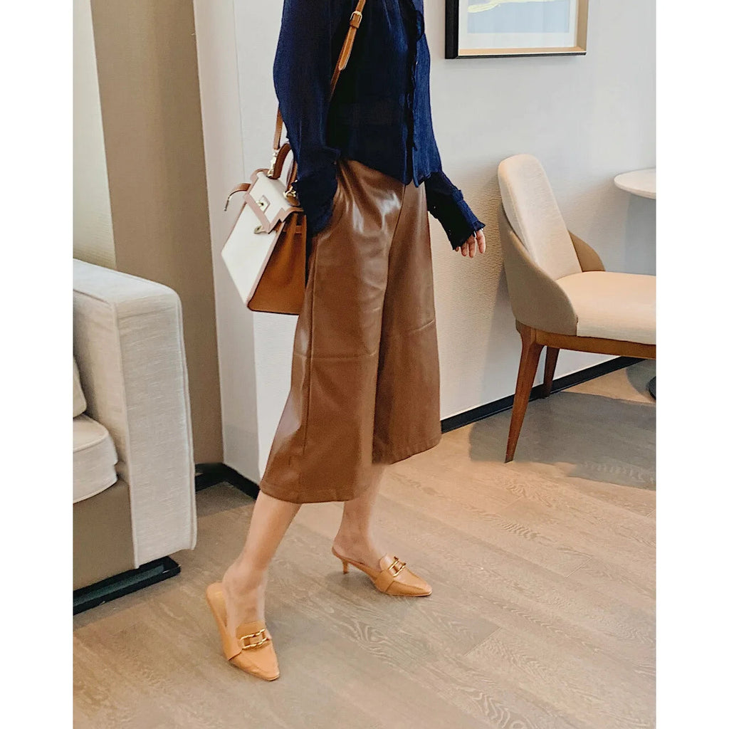 Leather Wide Leg Pants Spring and Autumn New Sheepskin Loose Versatile Foot Pants Seven Drape Pants