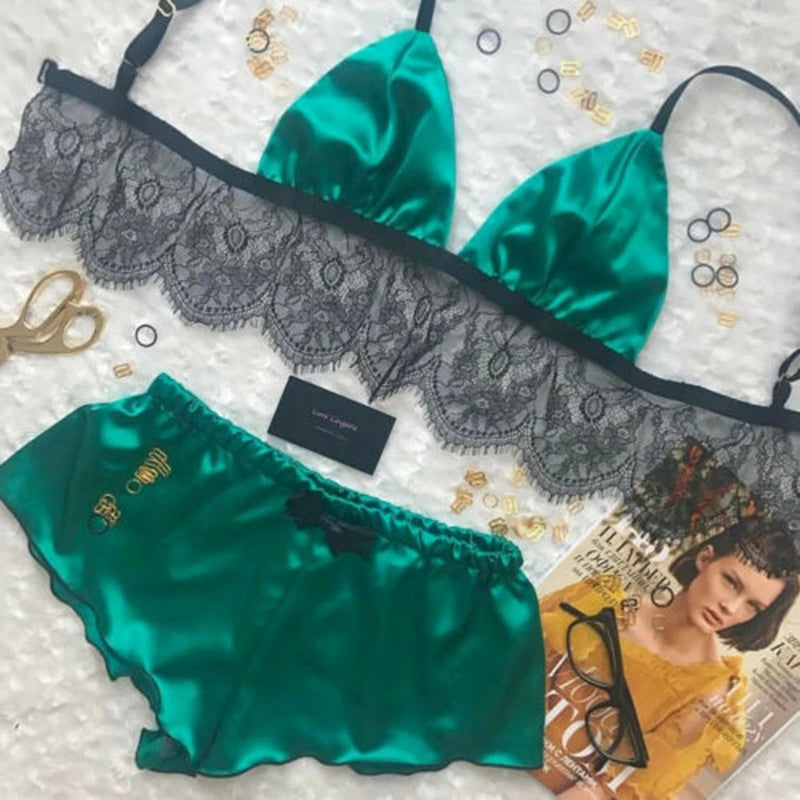 Pajamas Sleepwear Lace Bra Silk Satin Lingerie Crop Tops Bra+shorts Sets V-neck Sleeveless Seamless Nightwear 2pcs
