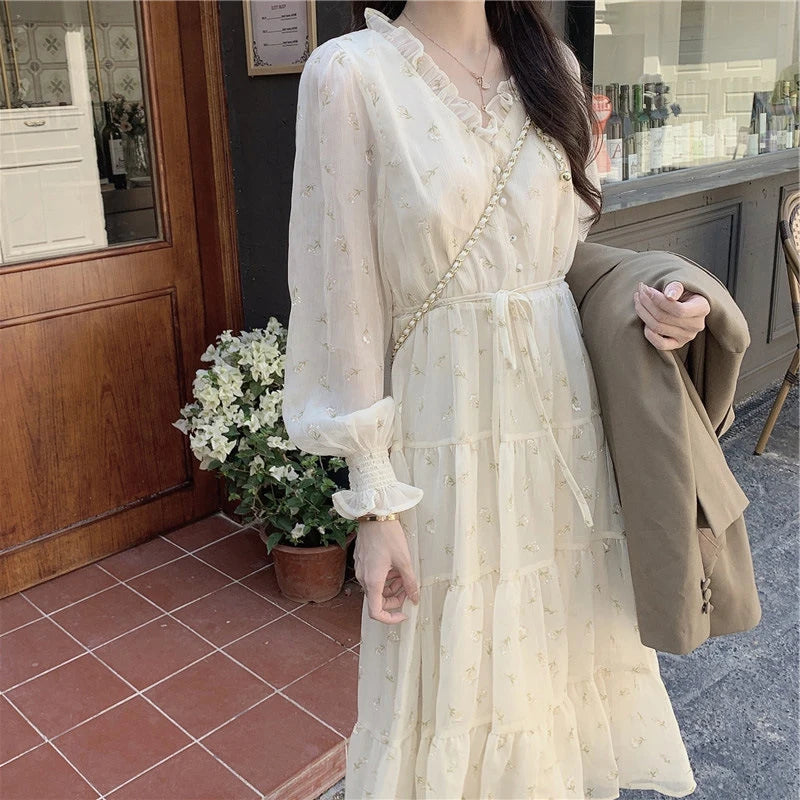 Lace Dress Chiffon Gentle Korean French Vneck Retro Niche Dresses Temperamen Spring Autumn Midi Dress