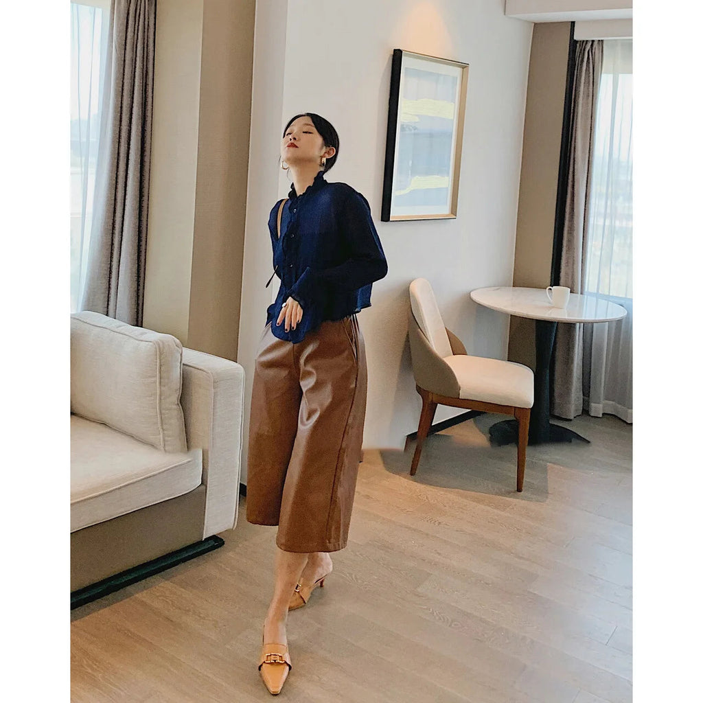 Leather Wide Leg Pants Spring and Autumn New Sheepskin Loose Versatile Foot Pants Seven Drape Pants