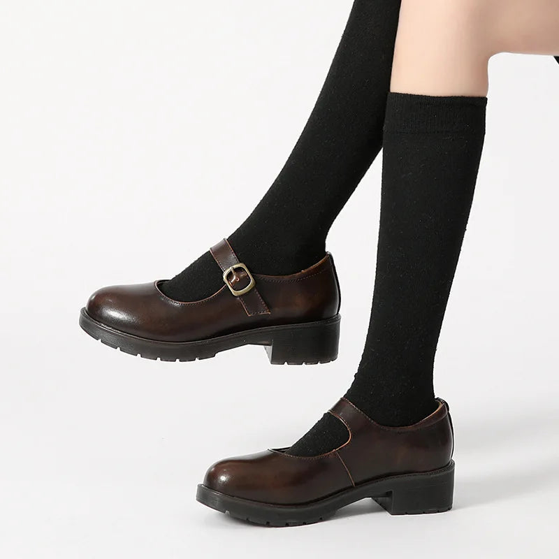 New Small Leather Shoes Round Toe Highheeled Retro Leather British College Style Shoes Mary Jane Shoes