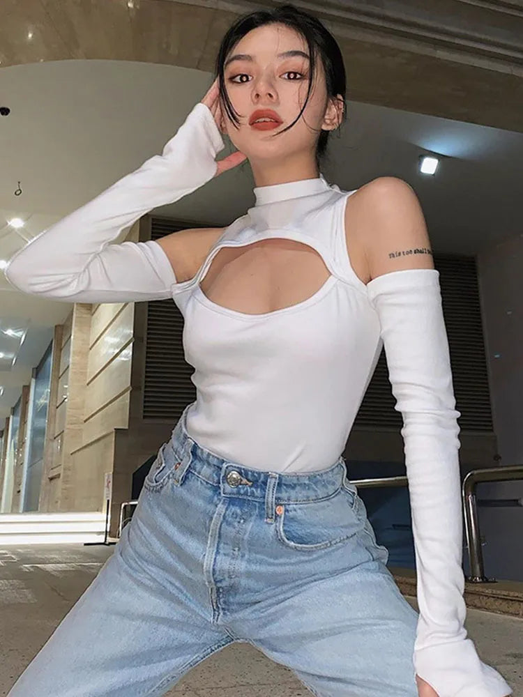 High ’s Long-sleeved Bodysuit Color Hollow Off-shoulder Half High Collar Jumpsuit