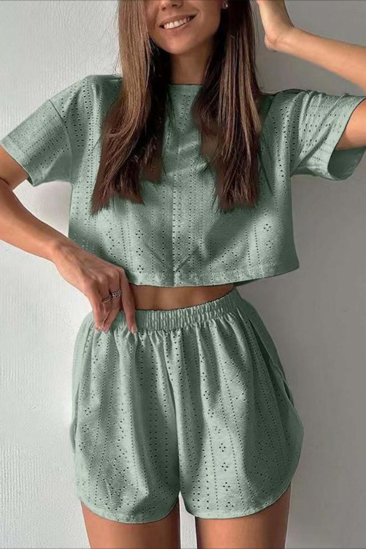 Hollow Short Sleeve Crop Top Shorts Set