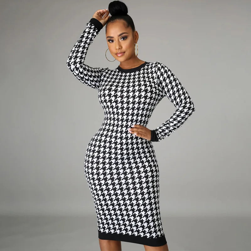 Houndstooth Print Long Sleeve Midi Dress Hollow Out Bodycon Autumn Winter Club Slim