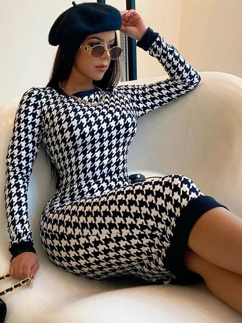 Houndstooth Print Long Sleeve Midi Dress Hollow Out Bodycon Autumn Winter Club Slim