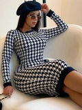 Houndstooth Print Long Sleeve Midi Dress Hollow Out Bodycon Autumn Winter Club Slim