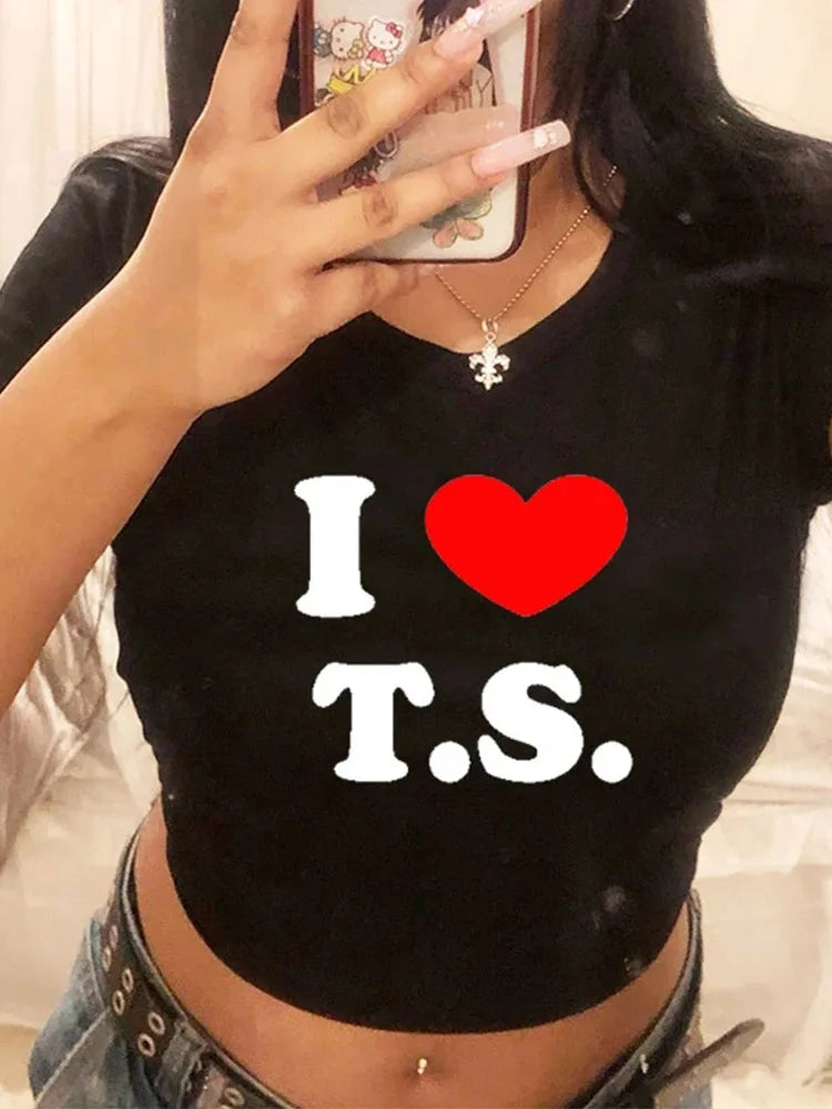 I Love T S Cropped Tops for Summer Short Sleeve T Shirt Y2k Clothes Harajuku Baby Tee Graphic T-shirt Crop Top Tee