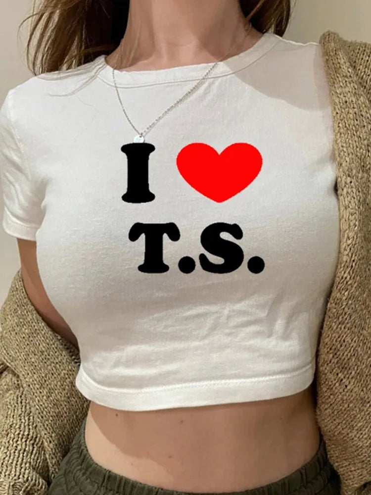 I Love T S Cropped Tops for Summer Short Sleeve T Shirt Y2k Clothes Harajuku Baby Tee Graphic T-shirt Crop Top Tee