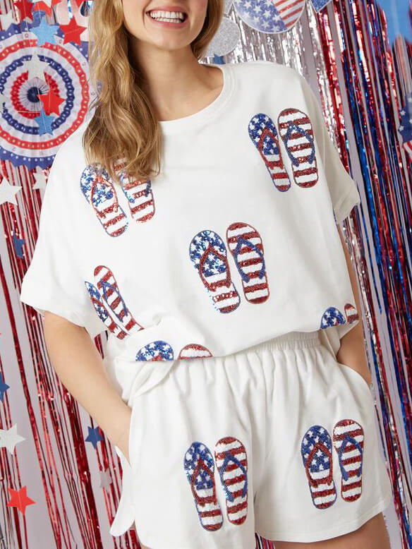 Independence Day Sequin Shorts Loose Two-piece Set