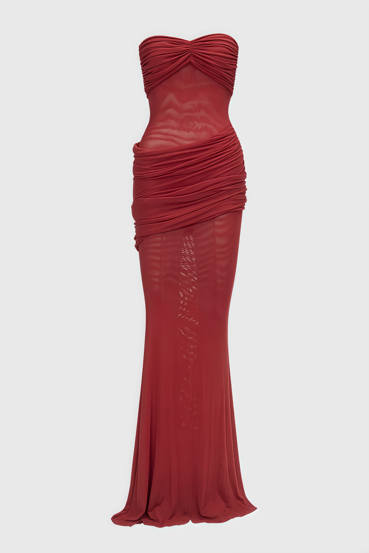 Nydia Red Strapless Sheer Mesh Maxi Dress