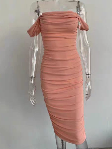 Ruched Off Shoulder Slit Midi Dress