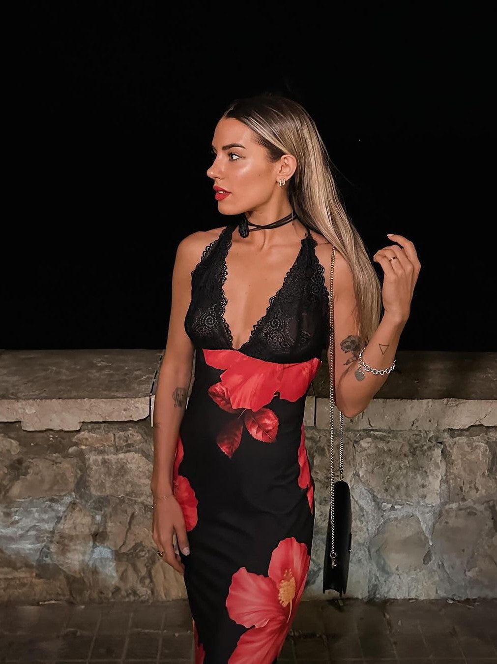 Halterneck Tie-dye Backless Lace Maxi Dress