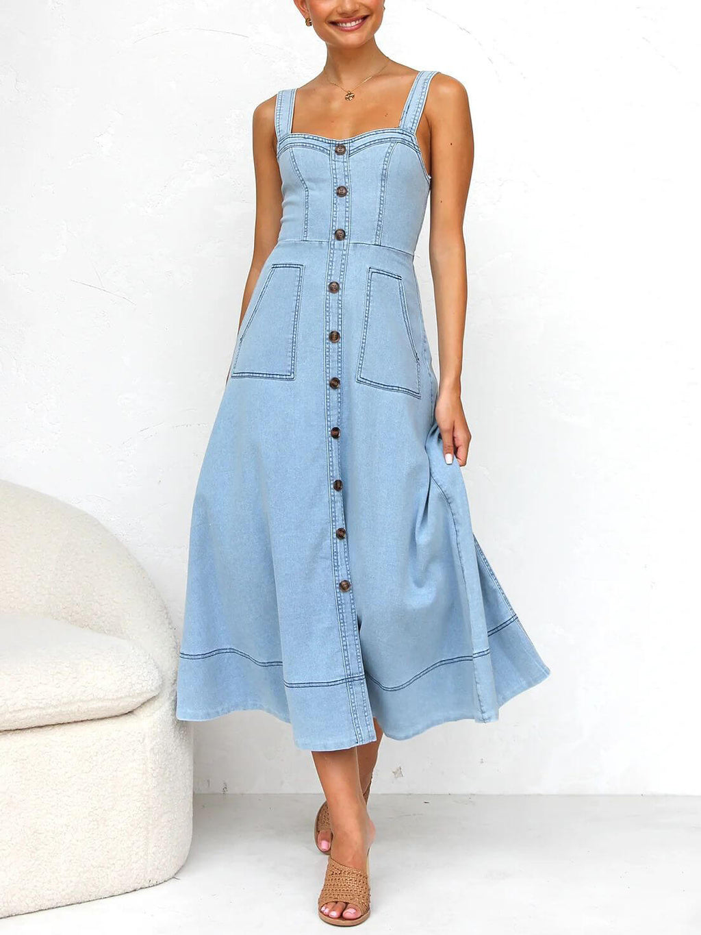 Denim Suspender Button Midi Dress