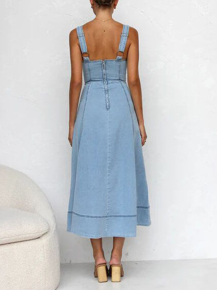Denim Suspender Button Midi Dress