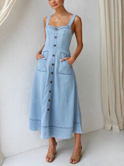 Denim Suspender Button Midi Dress