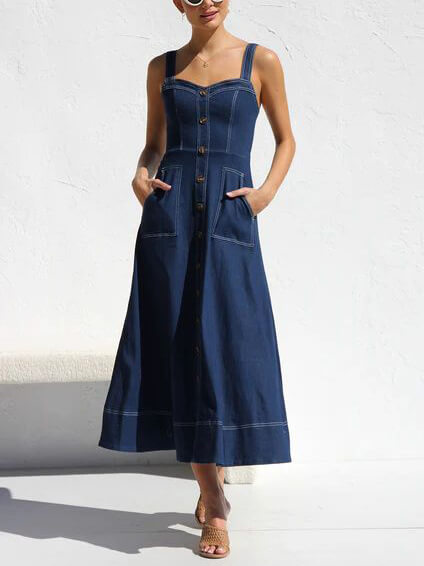 Denim Suspender Button Midi Dress