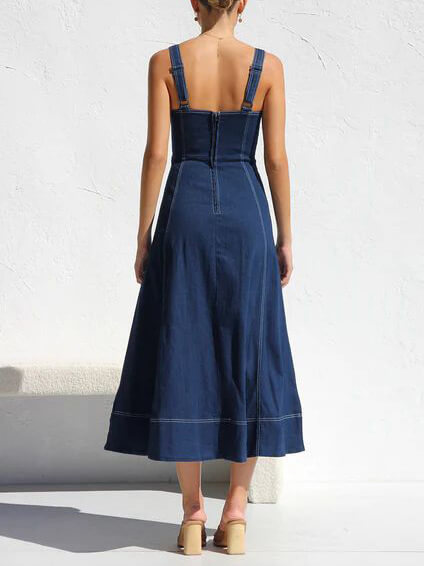 Denim Suspender Button Midi Dress