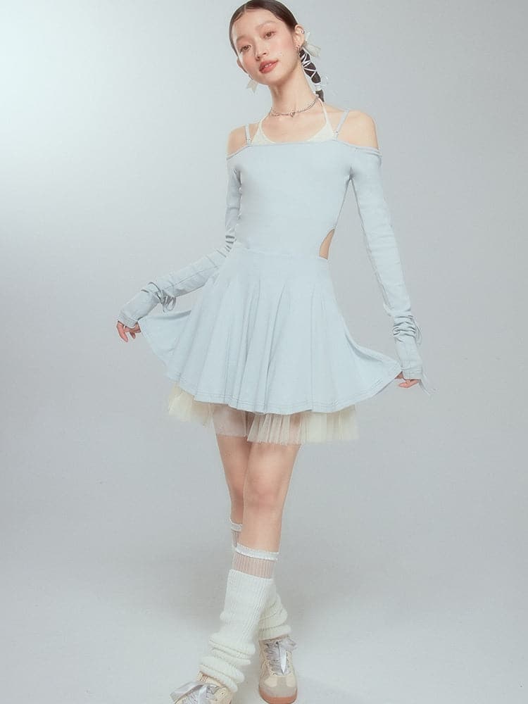 Layered Drawstring Back-open One-piece